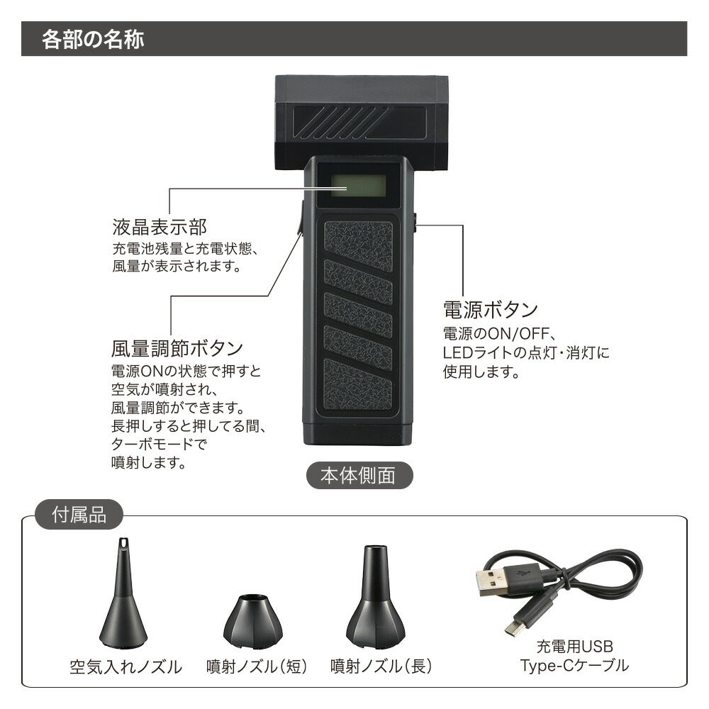 充電式エアダスター（パワフル/最大風速毎秒52m/USB充電/ガス不使用）_01-7249_OA-MAD02_OHM（オーム電機）