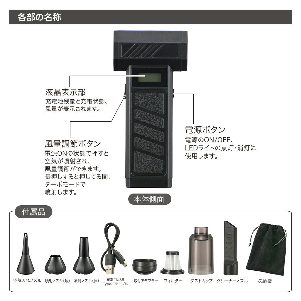充電式エアダスター＆クリーナー（2WAY 強風噴射＋吸引/最大風速毎秒52m/USB充電/ガス不使用）_01-7250_OA-MAD02CK_OHM（オーム電機）