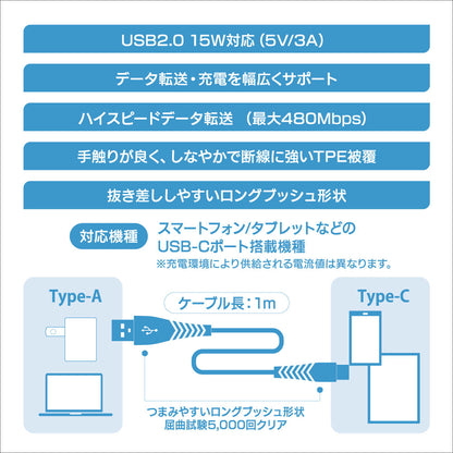 USBケーブル（Type-A to C/高耐久/1m/ホワイト）_01-7263_SMT-LAC10N_OHM（オーム電機）