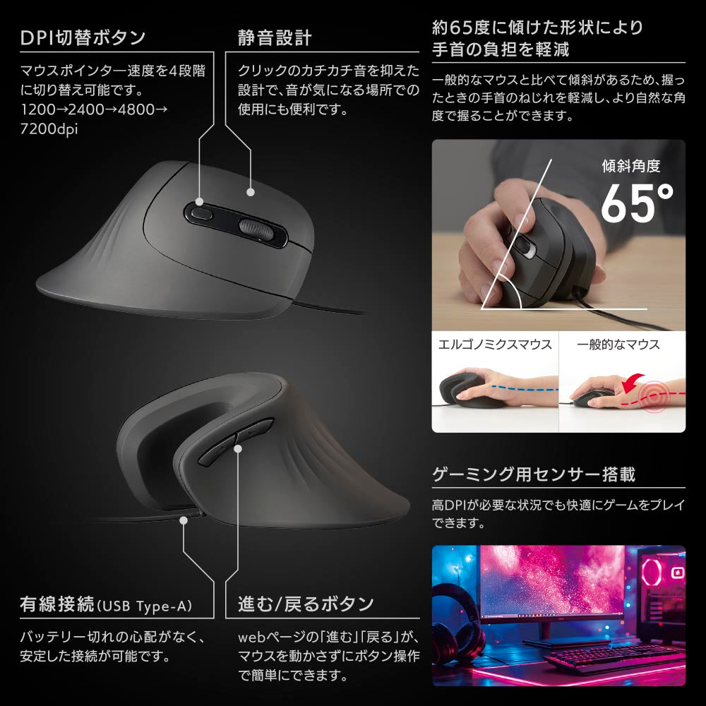 エルゴノミクスマウス（静音設計/6ボタン/加速度20G/ケーブル長1.4m/Mサイズ/ブラック））_01-7282_PC-SMTEG01-K_OHM（オーム電機）