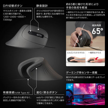 エルゴノミクスマウス（静音設計/6ボタン/加速度20G/ケーブル長1.4m/Mサイズ/ブラック））_01-7282_PC-SMTEG01-K_OHM（オーム電機）
