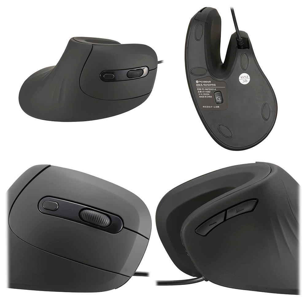 エルゴノミクスマウス（静音設計/6ボタン/加速度20G/ケーブル長1.4m/Mサイズ/ブラック））_01-7282_PC-SMTEG01-K_OHM（オーム電機）