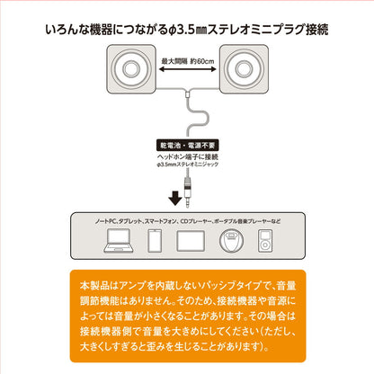 ミニスピーカー（乾電池・電源不要/軽量コンパクト/φ3.5mmステレオミニプラグ接続）_03-2184_ASP-155N_OHM（オーム電機）