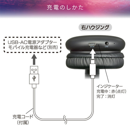 ワイヤレスヘッドホン（高音質・重低音/Bluetooth/USB充電/口径40mm/外部音声入力端子付/ブラック）_03-2889_HP-W325N_OHM（オーム電機）