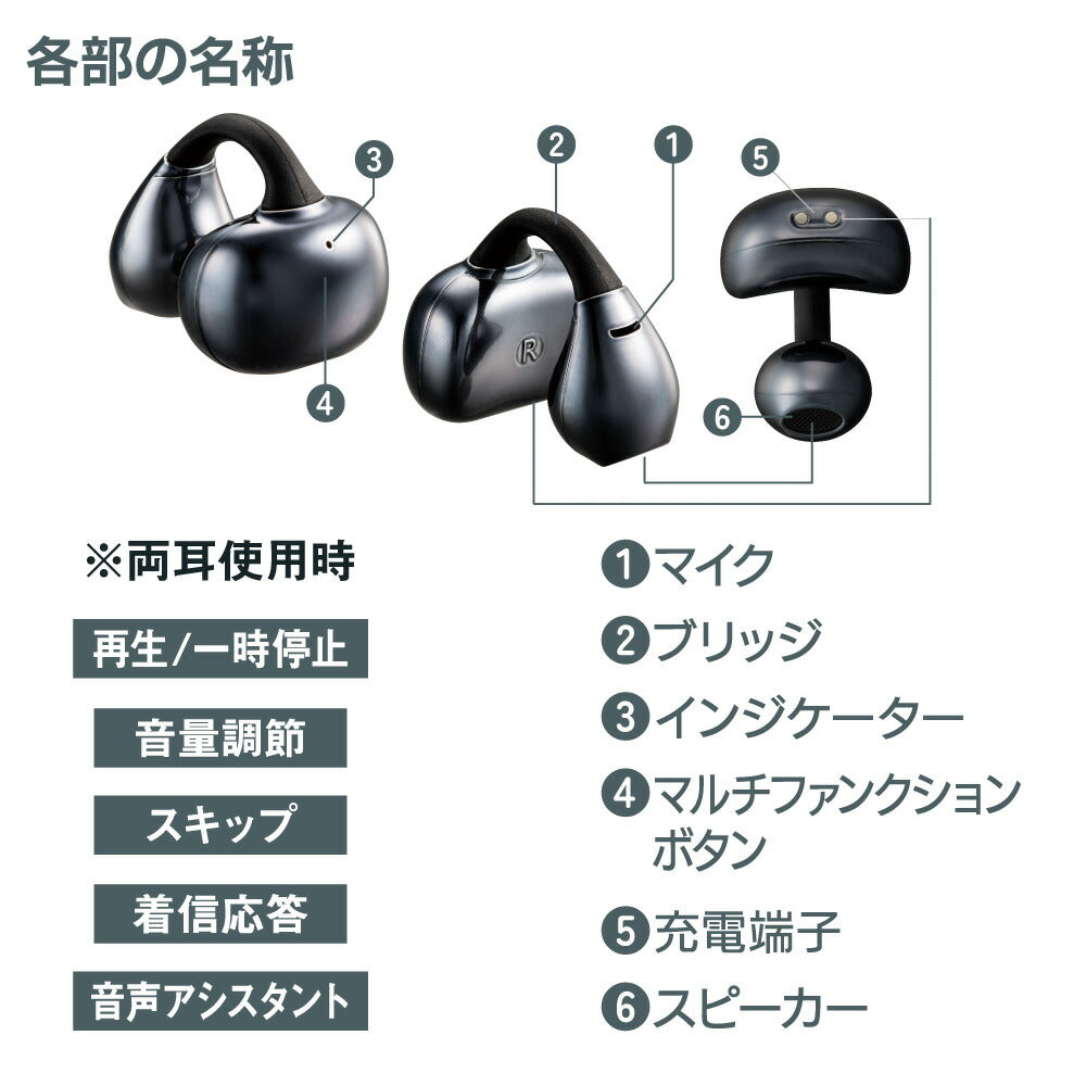 完全ワイヤレスホン（オープンウェアラブルステレオ/イヤーカフ型/Bluetooth6.0/ブラック）_03-3196_HP-W620N-H_OHM（オーム電機）
