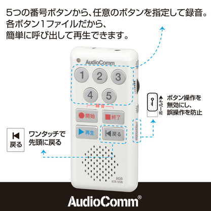 簡単ICレコーダー（最大録音34時間/録音件数最大5件/内蔵メモリー8GB/単4形×2本使用/ホワイト）_03-5040_ICR-55N_OHM（オーム電機）