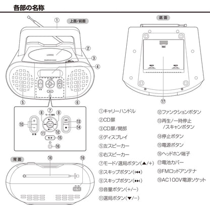 CDラジオ（2電源対応/AM、FM各最大20局/単2形×6本使用/ホワイト）_03-5555_RCR-230N_OHM（オーム電機）