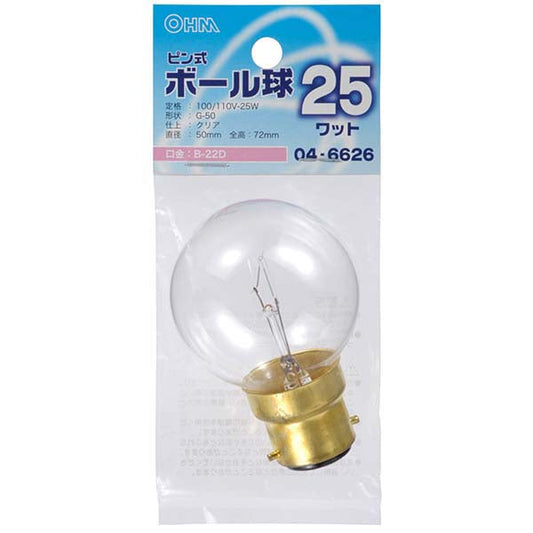 【納期約2週間】04-6626 ミニボール球（25W/クリア/G50/B22D） OHM（オーム電機）