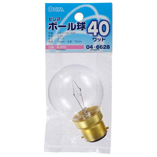 【納期約2週間】04-6628 ミニボール球（40W/クリア/G50/B22D） OHM（オーム電機）