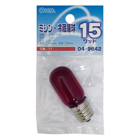 【納期約2週間】LB-T2715-R ミシン・冷蔵庫球T22 E17 15Wレッド OHM（オーム電機）