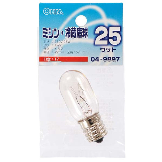 【納期約2週間】LB-T2725-C ミシン・冷蔵庫球T22 E17 25Wクリア OHM（オーム電機）