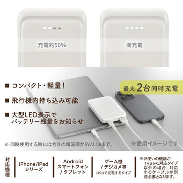 モバイルバッテリー（5000mAh/スマホ充電1回/2台同時充電可/USB AtoCケーブル付/ホイップクリーム）_05-0800_SMP-MB50-W_OHM（オーム電機）