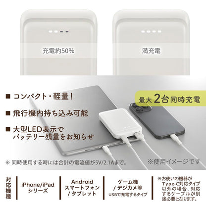 モバイルバッテリー（5000mAh/スマホ充電1回/2台同時充電可/USB AtoCケーブル付/ホイップクリーム）_05-0800_SMP-MB50-W_OHM（オーム電機）