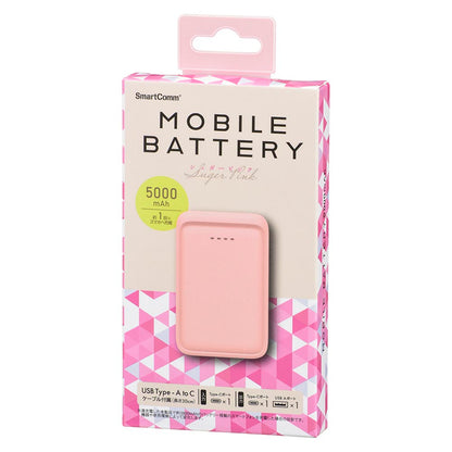 モバイルバッテリー（5000mAh/スマホ充電1回/2台同時充電可/USB AtoCケーブル付/シュガーピンク）_05-0802_SMP-MB50-PK_OHM（オーム電機）