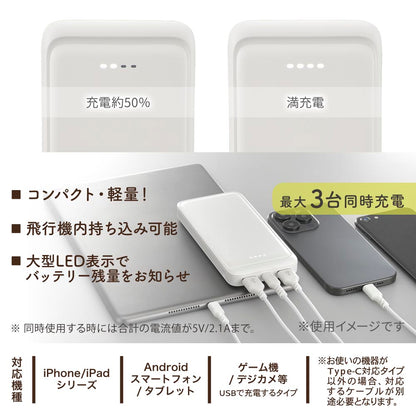 モバイルバッテリー（10000mAh/スマホ充電2回/3台同時充電可/USB AtoCケーブル付/ホイップクリーム）_05-0804_SMP-MB100-W_OHM（オーム電機）