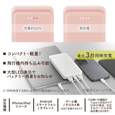 モバイルバッテリー（10000mAh/スマホ充電2回/3台同時充電可/USB AtoCケーブル付/シュガーピンク）_05-0806_SMP-MB100-PK_OHM（オーム電機）