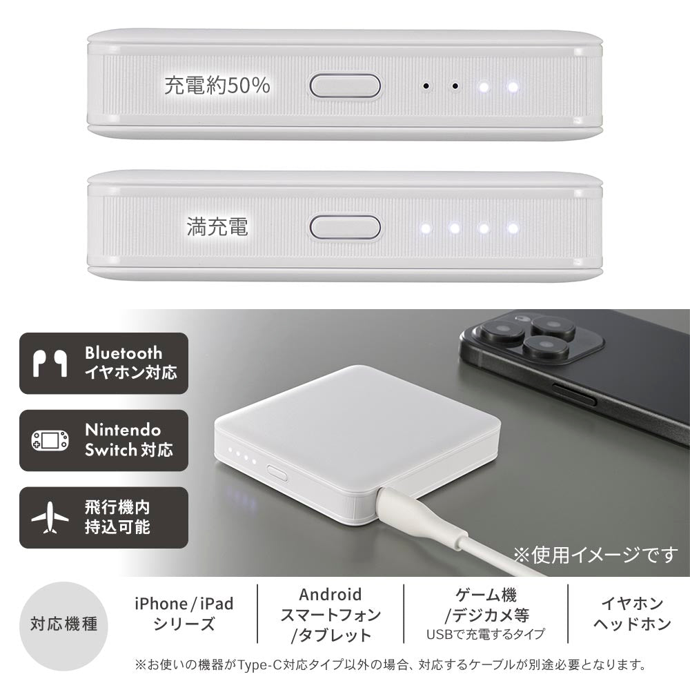 モバイルバッテリー（5000mAh/スマホ充電1回/PD20W/USB CtoCケーブル付/ホワイト）_05-0810_SMP-PD50-W_OHM（オーム電機）