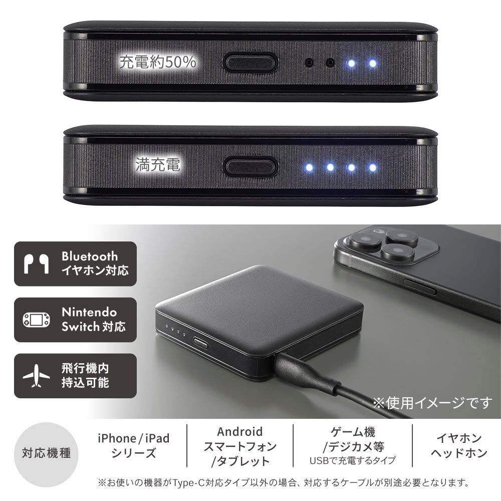 モバイルバッテリー（5000mAh/スマホ充電1回/PD20W/USB CtoCケーブル付/ブラック）_05-0811_SMP-PD50-K_OHM（オーム電機）