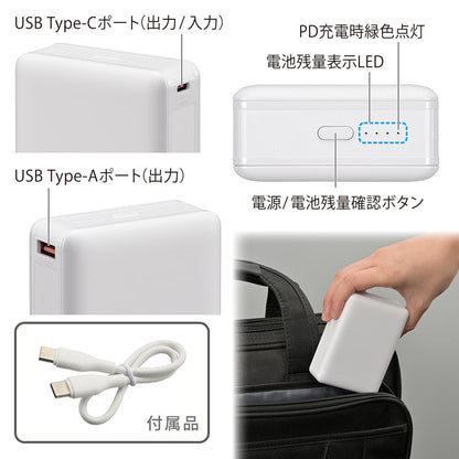 モバイルバッテリー（20000mAh/スマホ充電4回/PD20W/USB CtoCケーブル付/ホワイト）_05-0814_SMP-PD200-W_OHM（オーム電機）