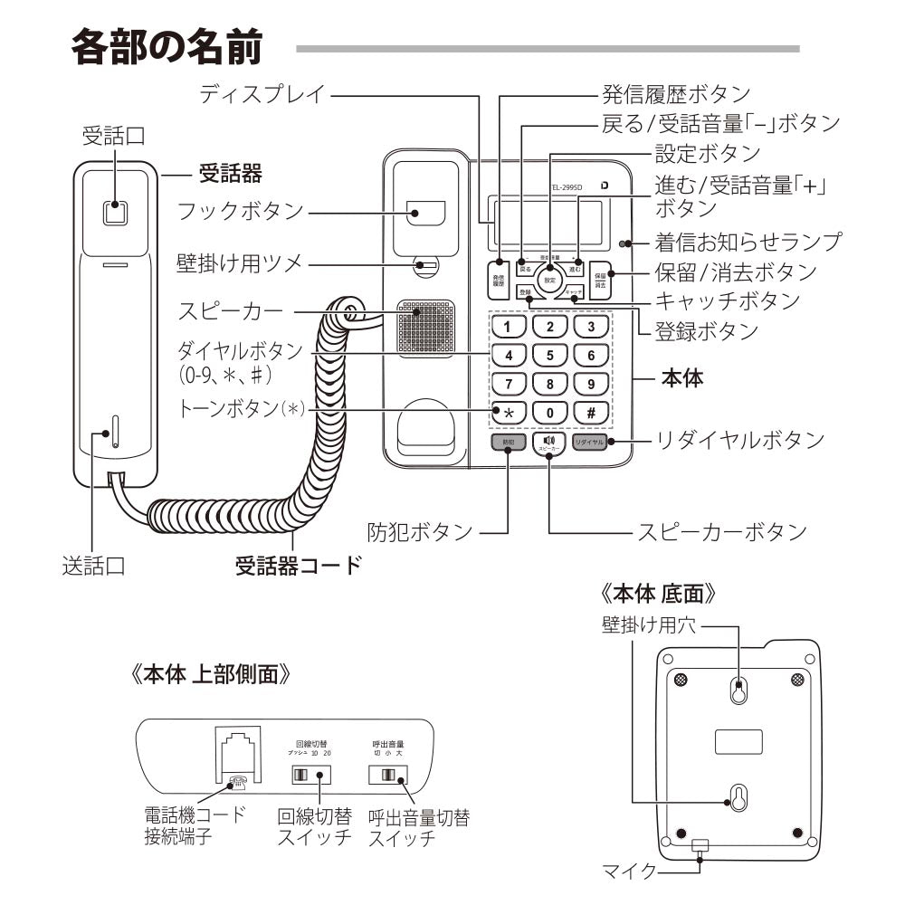 【ナンバーディスプレイ対応】シンプルホン（迷惑電話対策機能付/16桁表示液晶画面/直流抵抗値295Ω）_05-2995_TEL-2995D_OHM オーム電機
