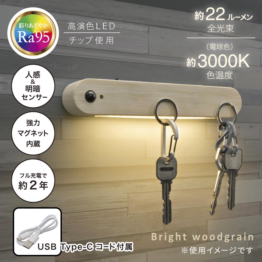 LEDナイトライト（高演色Ra95/人感＆明暗センサー/22 lm/強力マグネット/USB充電/明るい木目調）_06-3811_NIT-BK06-W_OHM（オーム電機）