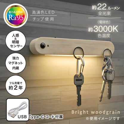 LEDナイトライト（高演色Ra95/人感＆明暗センサー/22 lm/強力マグネット/USB充電/明るい木目調）_06-3811_NIT-BK06-W_OHM（オーム電機）