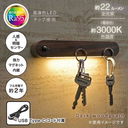 LEDナイトライト（高演色Ra95/人感＆明暗センサー/22 lm/強力マグネット/USB充電/暗い木目調）_06-3812_NIT-BK06-K_OHM（オーム電機）