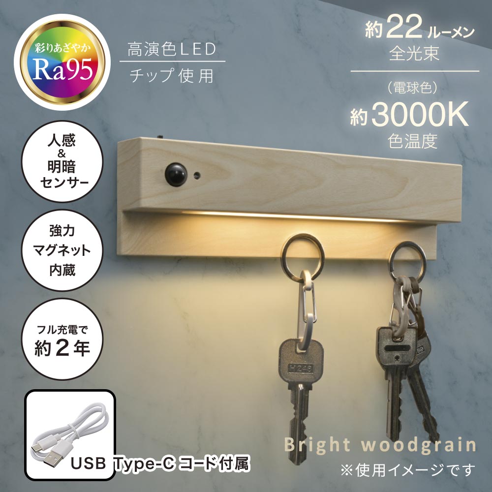 LEDナイトライト（高演色Ra95/人感＆明暗センサー/22 lm/強力マグネット/USB充電/明るい木目調）_06-3813_NIT-BK10-W_OHM（オーム電機）