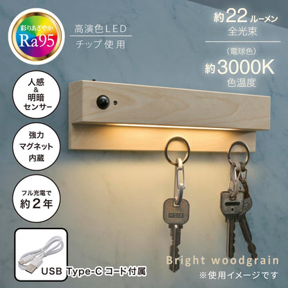 LEDナイトライト（高演色Ra95/人感＆明暗センサー/22 lm/強力マグネット/USB充電/明るい木目調）_06-3813_NIT-BK10-W_OHM（オーム電機）