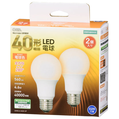 LED電球（40形相当/560lm/電球色/E26/全方向配光280°/密閉形器具対応/2個入）_06-4704_LDA5L-G AG52 2P_OHM（オーム電機）
