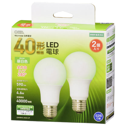 LED電球（40形相当/590lm/昼白色/E26/全方向配光280°/密閉形器具対応/2個入）_06-4705_LDA5N-G AG52 2P_OHM（オーム電機）