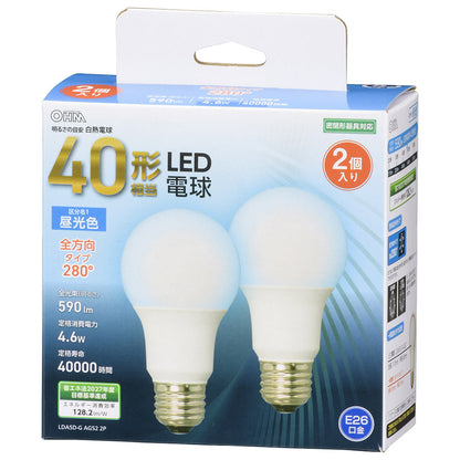 LED電球（40形相当/590lm/昼光色/E26/全方向配光280°/密閉形器具対応/2個入）_06-4706_LDA5D-G AG52 2P_OHM（オーム電機）