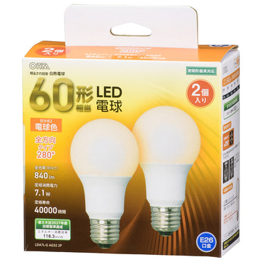 LED電球（60形相当/840lm/電球色/E26/全方向配光280°/密閉形器具対応/2個入）_06-4707_LDA7L-G AG52 2P_OHM（オーム電機）