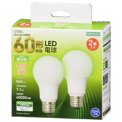 LED電球（60形相当/860lm/昼白色/E26/全方向配光280°/密閉形器具対応/2個入）_06-4708_LDA7N-G AG52 2P_OHM（オーム電機）