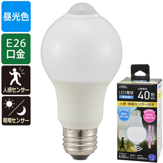 LED電球（40形相当/人感明暗センサー付/E26/5.1W/昼光色/630 lm）_06-4786_LDA5D-G R52_OHM（オーム電機）