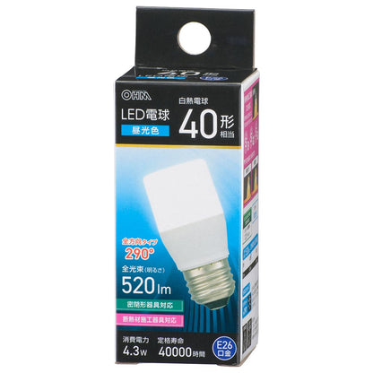 LED電球（白熱電球40形相当/昼光色/520 lm/4.3W/E26/全方向290°/密閉形器具対応/断熱材施工器具対応）_06-4991_LDT4D-G IS5_OHM（オーム電機）