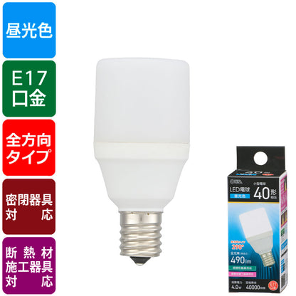 LED電球 T形（小形40形相当/昼光色/490 lm/4.0W/E17/全方向290°/密閉形器具対応/断熱材施工器具対応）_06-4997_LDT4D-G-E17 IS5_OHM（オーム電機）