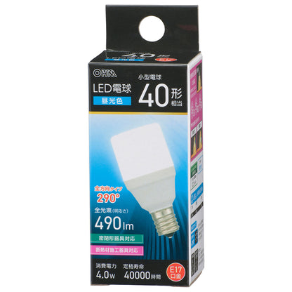 LED電球 T形（小形40形相当/昼光色/490 lm/4.0W/E17/全方向290°/密閉形器具対応/断熱材施工器具対応）_06-4997_LDT4D-G-E17 IS5_OHM（オーム電機）