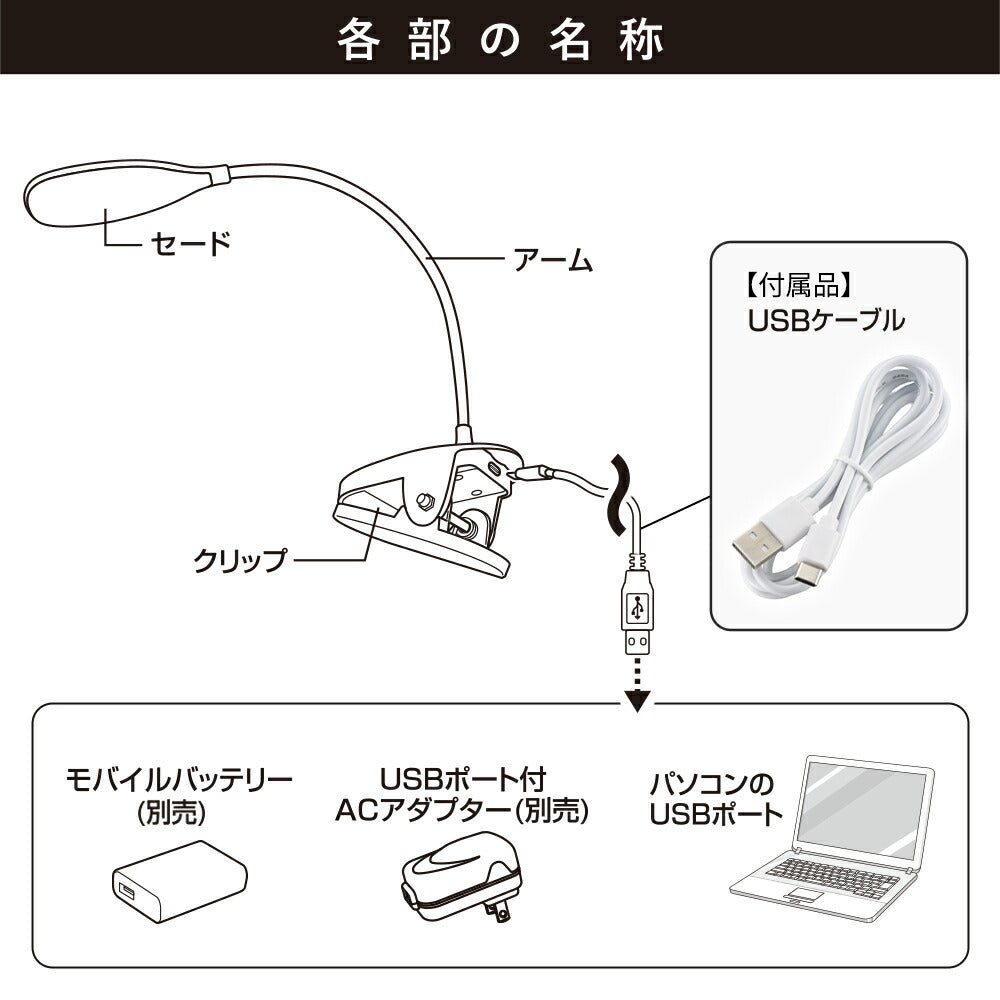 クリップライト（3段階調色/USB電源/370 lm/3.5W/高演色Ra95/ホワイト）_06-5084_LTC-LD01RK-W_OHM（オーム電機）