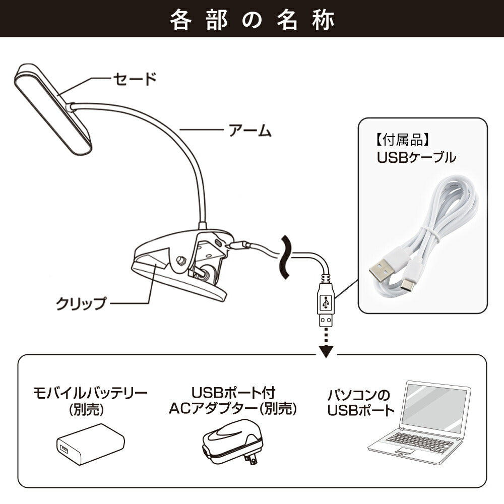 クリップライト（3段階調色/USB電源/470 lm/5W/高演色Ra95/ホワイト）_06-5085_LTC-LD02RK-W_OHM（オーム電機）