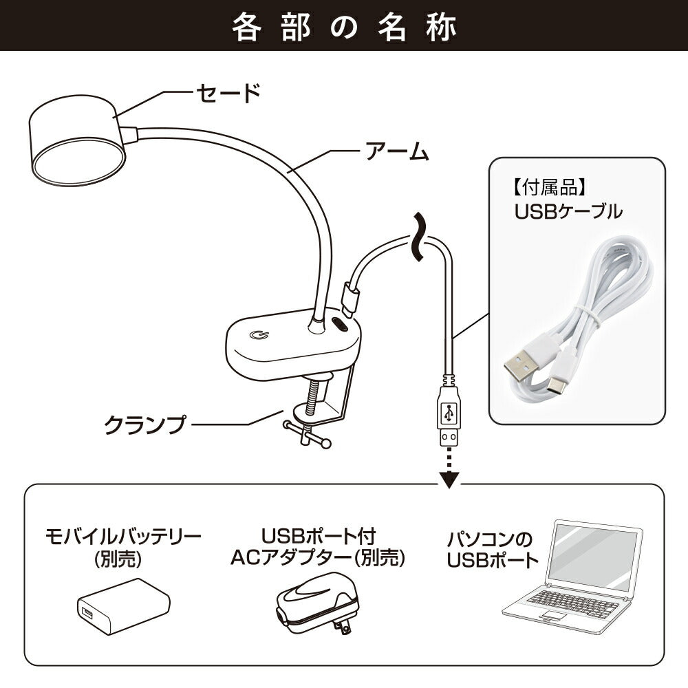 クランプライト（3段階調色/USB電源/330 lm/3.5W/高演色Ra95/ホワイト）_06-5086_LTC-LD03RK-W_OHM（オーム電機）