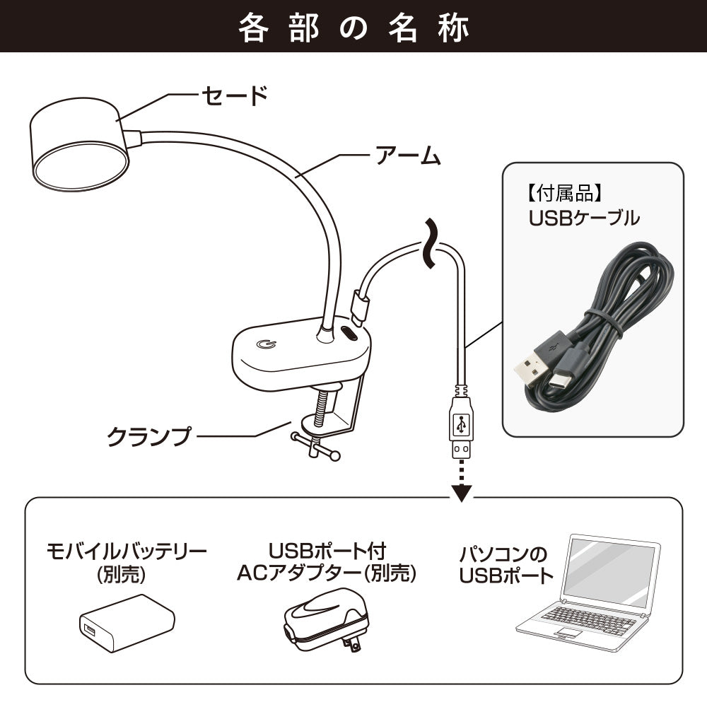 クランプライト（3段階調色/USB電源/330 lm/3.5W/高演色Ra95/ブラック）_06-5087_LTC-LD03RK-K_OHM（オーム電機）