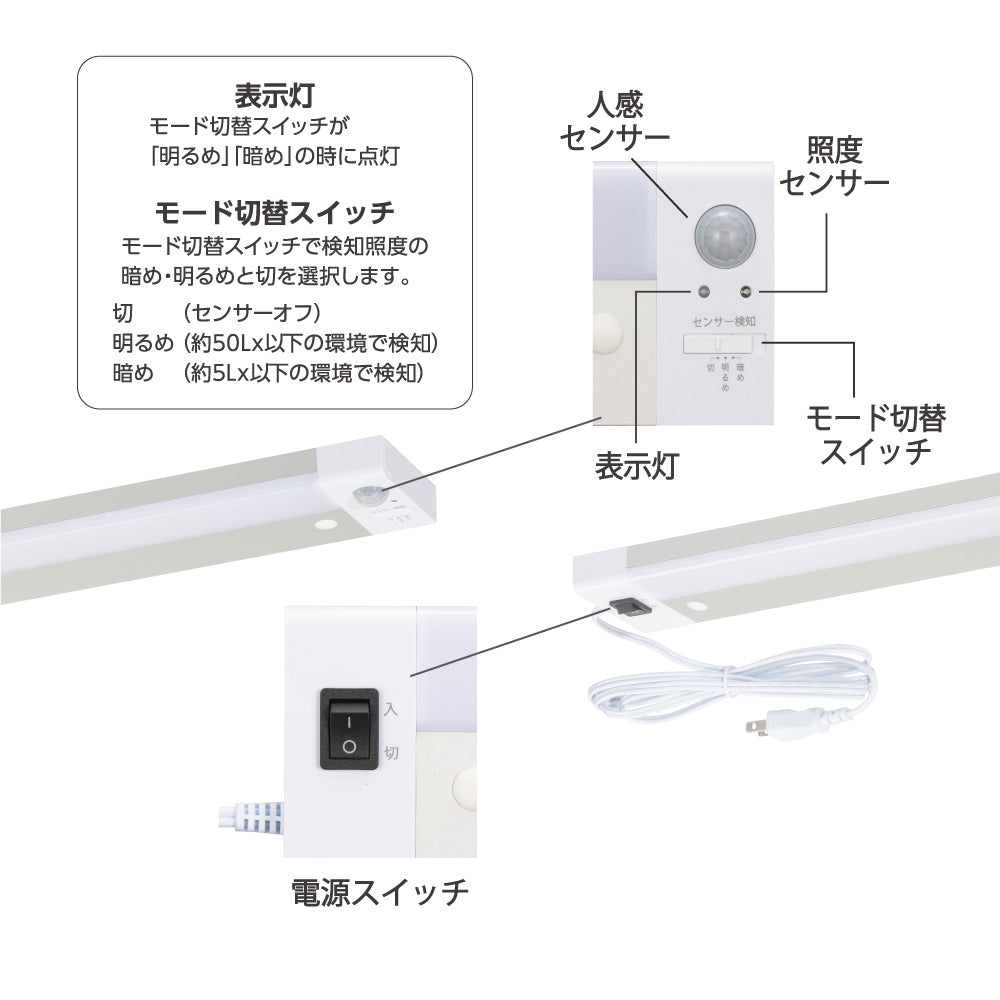 LED多目的灯（明暗＋人感センサー/長さ600mm/1300 lm/12.7W/昼光色相当/屋内専用/配線工事不要）_06-5200_LT-PP613S-D_OHM（オーム電機）