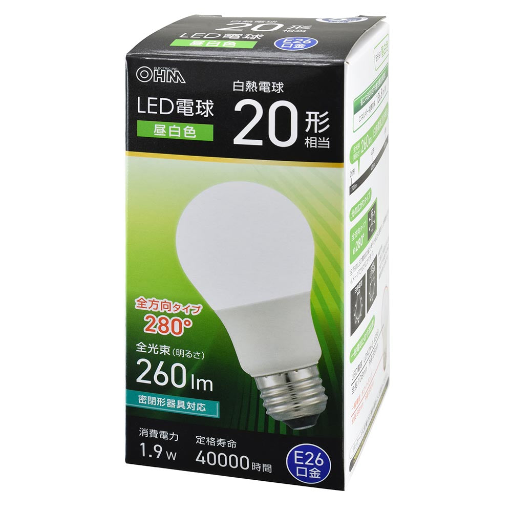 LED電球（20形相当/昼白色/260 lm/1.9W/E26/Ra83/全方向配光280°/密閉形器具対応）_06-5452_LDA2N-G AG59_OHM（オーム電機）