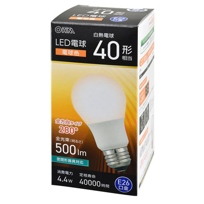 LED電球（40形相当/電球色/500 lm/4.4W/E26/Ra83/全方向配光280°/密閉形器具対応）_06-5454_LDA4L-G AG59_OHM（オーム電機）
