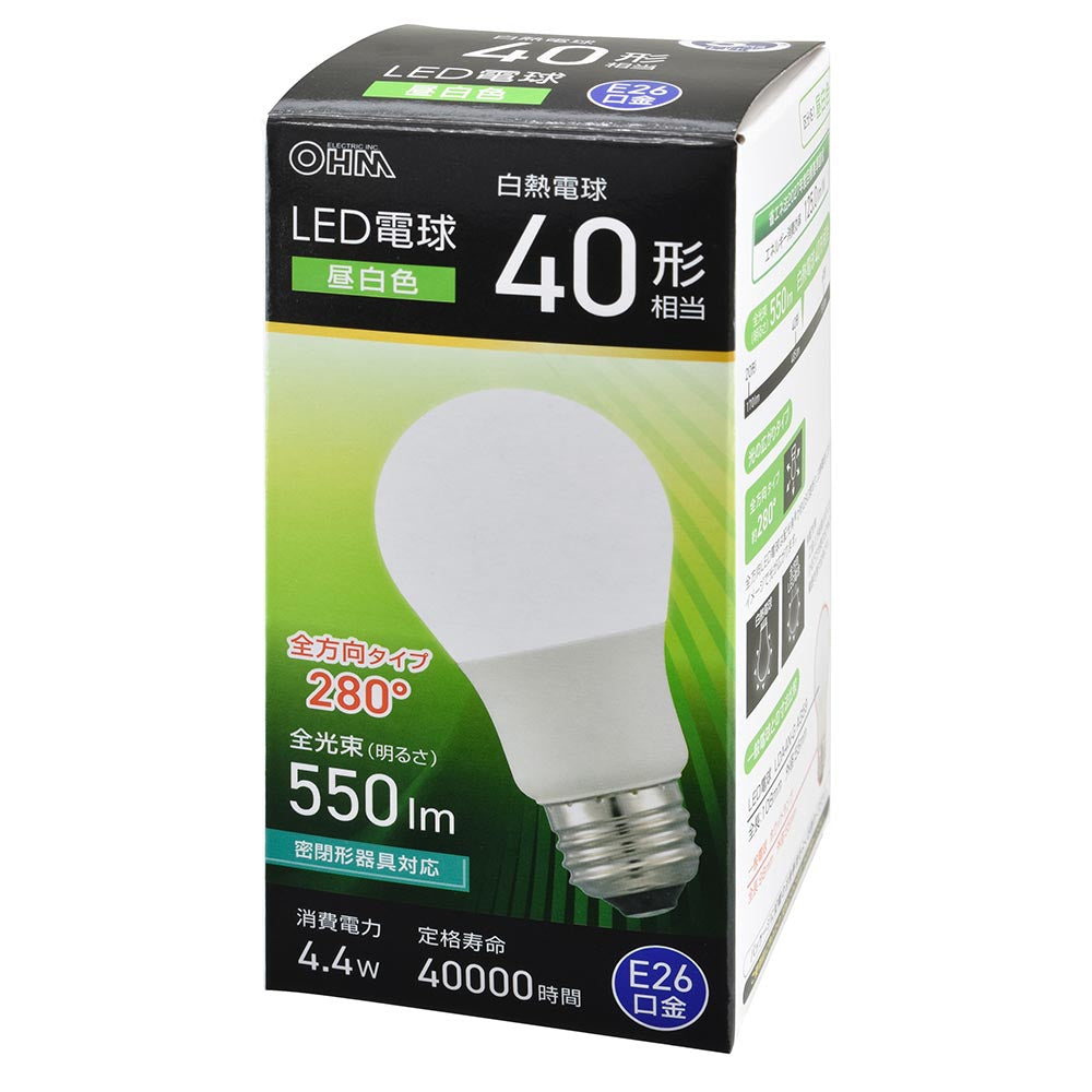 LED電球（40形相当/昼白色/550 lm/4.4W/E26/Ra83/全方向配光280°/密閉形器具対応）_06-5455_LDA4N-G AG59_OHM（オーム電機）