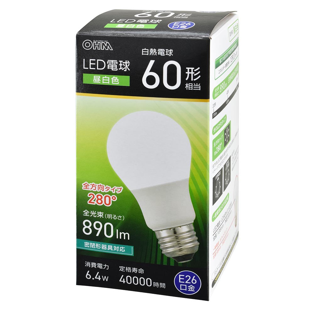 LED電球（60形相当/昼白色/890 lm/6.4W/E26/Ra83/全方向配光280°/密閉形器具対応）_06-5458_LDA6N-G AG59_OHM（オーム電機）