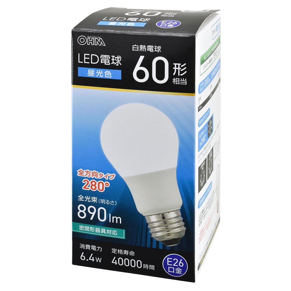 LED電球（60形相当/昼光色/890 lm/6.4W/E26/Ra83/全方向配光280°/密閉形器具対応）_06-5459_LDA6D-G AG59_OHM（オーム電機）