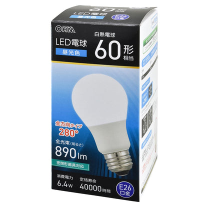 LED電球（60形相当/昼光色/890 lm/6.4W/E26/Ra83/全方向配光280°/密閉形器具対応）_06-5459_LDA6D-G AG59_OHM（オーム電機）