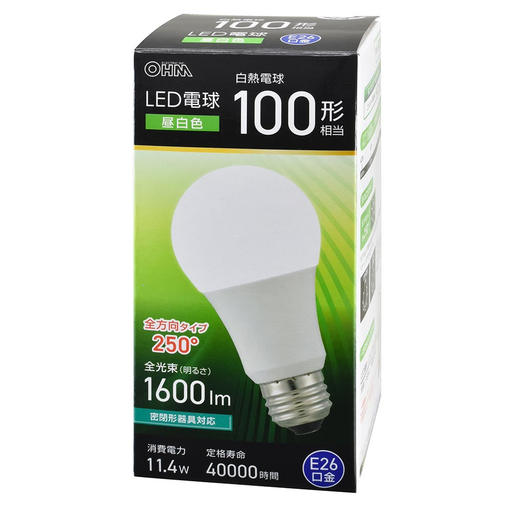 LED電球（100形相当/昼白色/1600 lm/11.4W/E26/Ra83/全方向配光250°/密閉形器具対応）_06-5461_LDA11N-G AG59_OHM（オーム電機）